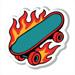 Cartoon flaming skateboard with fire and bold colors, perfect for street style and skate fans.