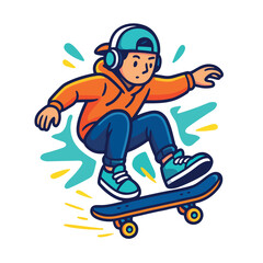 Cool cartoon skater boy jumping with skateboard, hoodie, and headphones in bold street style.