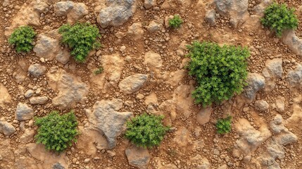 The arid surface with granular patterns and scattered plant life portrays the resilience of nature in challenging environments.

