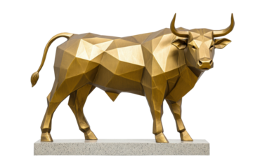 Abstract polygonal bull sculpture in bronze tone stands on grey marble base
