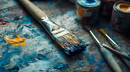Fototapeta premium A used paintbrush rests on a palette of vibrant hues.
