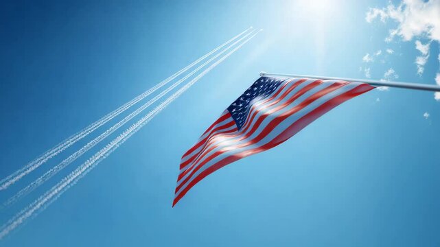 American Flag Waves Proudly Under a Bright Sky with Jet Trails