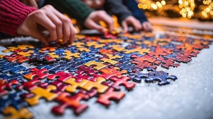 Hands assembling a colorful jigsaw puzzle