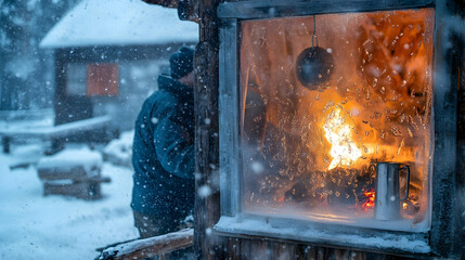 Winter Warmth: A cozy cabin scene in a snowy wonderland during a storm