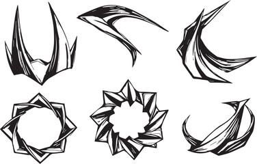 Set of futuristic elements, ornaments, icons, cyberpunk. Hand drawn vector illustration