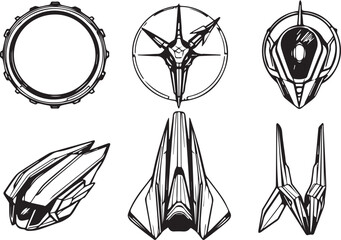 Set of futuristic elements, ornaments, icons, cyberpunk. Hand drawn vector illustration