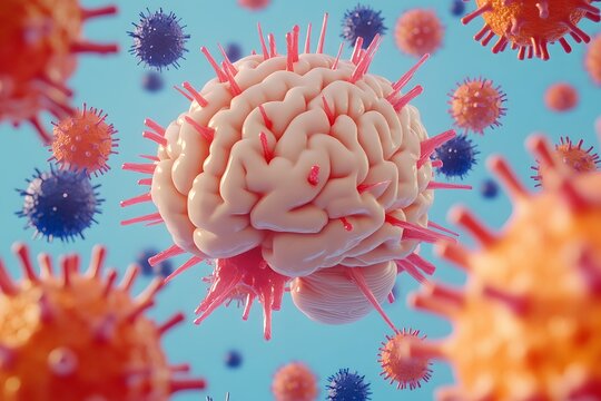 Conceptual illustration of brain infection showcasing viral attack and neurological disease