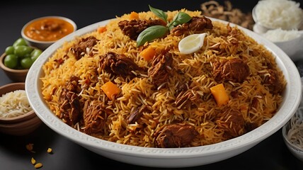 Delicious Spicy Chicken Biryani with Basmati Rice on White Plate
