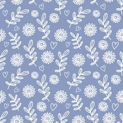 Seamless floral pattern with white hand-drawn flowers, leaves, and hearts on a soft blue background. Cute doodle style for fabric, wallpaper, and stationery design.