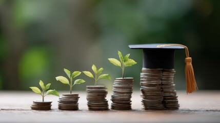 A 4K photo of graduation hat and plants growing up on stack of coins The concept of saving money for education student loan scholarship tuition fees in the future.