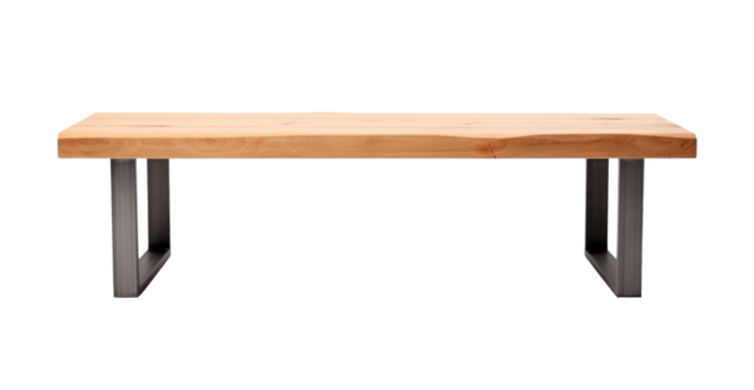wooden seat bench with metal legs in minimalistic style isolated on white or transparent png