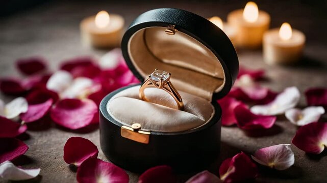 Elegant engagement ring displayed in velvet box with rose petals  