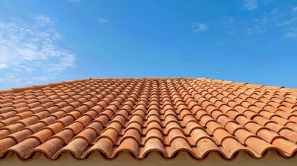 Naklejka premium Terracotta roofing tiles form a classic, rustic texture on a residential home, blending perfectly with the surrounding architecture. 