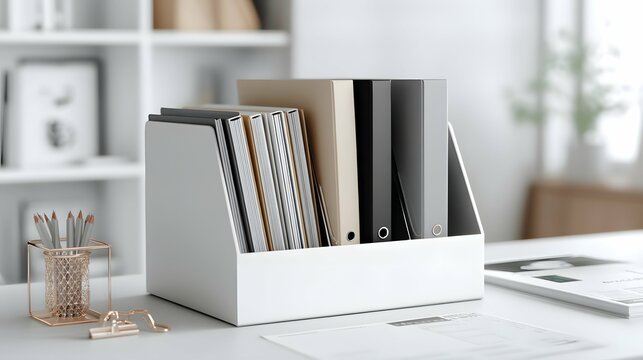 Sleek magazine holder mockup on a pristine white desk with stylish, minimalist office accessories.
