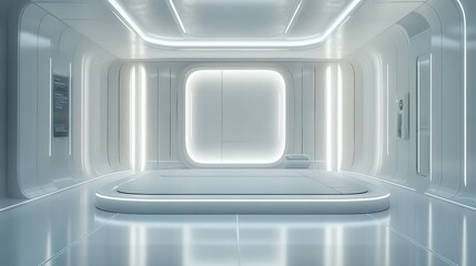 Futuristic All-White Showroom with Circular Platform, Illuminated Display Panel and Ring Light