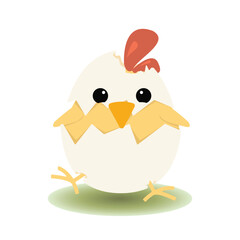 Cute cartoon chick hatching from an egg with cracked shell and small wings, ideal for Easter designs, farm logos, children’s books, baby products, and animal graphics.