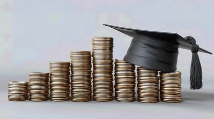 A graduation hat placed on stacks of coins symbolizes the importance of saving for education and the investment in future academic success.
