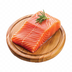 realistic slice of raw salmon on wooden board isolated white or transparent background