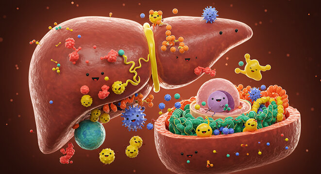 Liver Cell Metabolizing Toxins and Nutrients &ndash; Hepatocyte Function Illustration