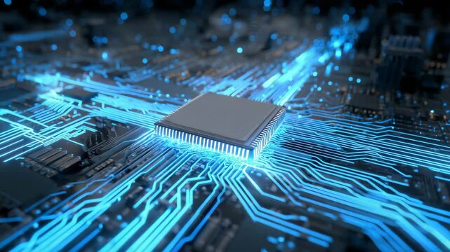 Powerful Central Processing Unit glowing on Circuit Board Technology Background, blue AI chip