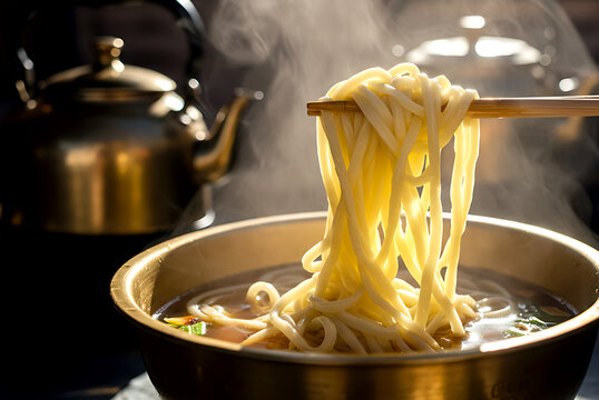 Tibetan thenthuk hand-pulled noodle soup in brass bowl