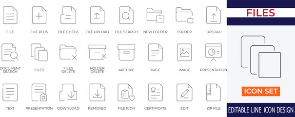 Clean files and documents icon set featuring folders, sheets, archives, sharing, downloading, uploading, and management tools for business workflows.