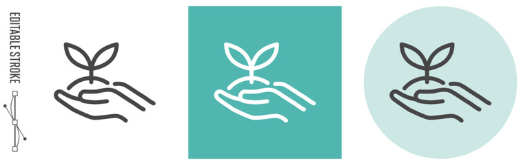 環境再生のイメージ、若芽をいつくしむ手｜ライン・アイコン　[線の編集可能]