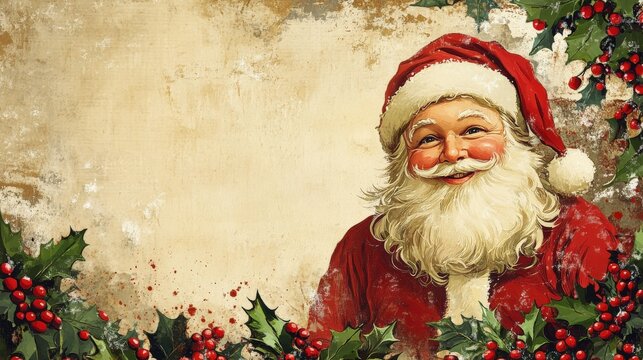 Naklejki Vintage illustration of jolly santa claus in a festive setting.