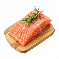realistic slice of raw salmon on wooden board isolated white or transparent background