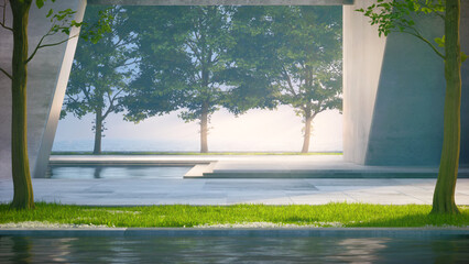 Empty concrete floor terrace near water in pond. 3d rendering of abstract gray building with garden and sea background.