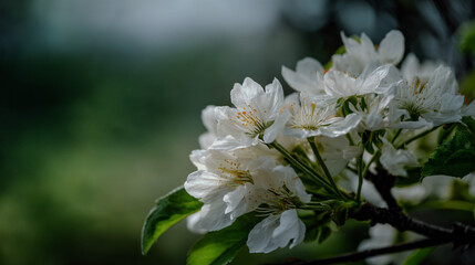 Fototapeta premium Close up of white flush blooming on a fruit tree with soft, blurred immature background.