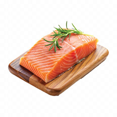 realistic slice of raw salmon on wooden board isolated white or transparent background