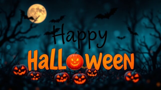 Dark Happy Halloween background with glowing jack-o'-lanterns, flying bats, eerie trees, and bright orange Happy Halloween lettering under a full moon.

