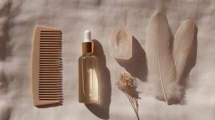 Minimal wellness mockup with dropper bottle, comb, crystal, feathers, and dried flower on linen background. Soft natural light for beauty, skincare, and ritual self-care product branding.