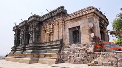Fototapeta premium Carved Ramalayam, a 14th-century stone temple of the Kakatiya Dynasty, Dichpalli, Nizamabad, Telangana, India.