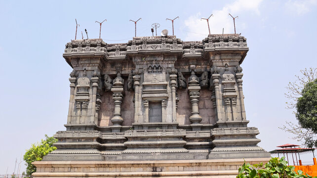 Carved rear view of Ramalayam, the 14th-century stone temple of the Kakatiya Dynasty, Dichpalli, Nizamabad, Telangana, India.