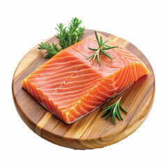 realistic slice of raw salmon on wooden board isolated white or transparent background