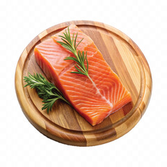 realistic slice of raw salmon on wooden board isolated white or transparent background