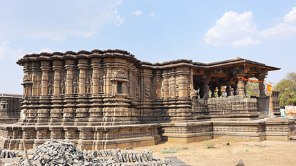 Wide view of the intricately carved Chalukya-era Shri Siddheshwara Swamy Temple, Hottal, Nanded, Maharashtra, India.