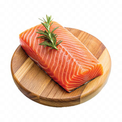 realistic slice of raw salmon on wooden board isolated white or transparent background