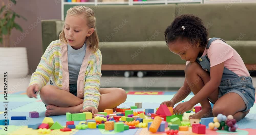 Aufkleber building blocks, playing and kids on floor in home for cognitive development or creativity. learning