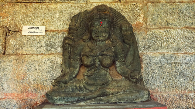 Ancient 10th-century sculpture of Goddess Chamunda in the campus of Shri Someshwara, Revanasiddheshwara Temple, Kolanupaka, Bhuvanagiri, Telangana, India.
