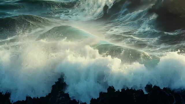 The turbulent ocean showcases immense waves clashing together, creating a mesmerizing display of foam and water under a foreboding sky filled with clouds.