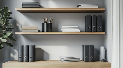 A stylish open shelving unit minimalist design elements, precisely stacked office essentials, a refined neutral-toned workspace aesthetic professional setting, Clean,