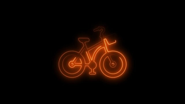 Glowing neon woman with bicycle icon.HD motion graphic video animation with neon effects.isolated on a black background.