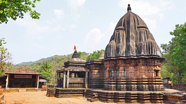 Wide view of the ancient Chalukya-era Shri Karneshwar Temple, Sangameshwar, Ratnagiri, Maharashtra, India.