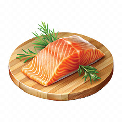 realistic slice of raw salmon on wooden board isolated white or transparent background