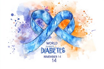World diabetes day awareness blue ribbon watercolor illustration with colorful splatters