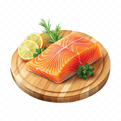 realistic slice of raw salmon on wooden board isolated white or transparent background
