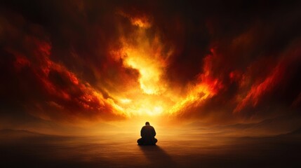 Solitary figure contemplating fiery sunset dramatic sky vast landscape